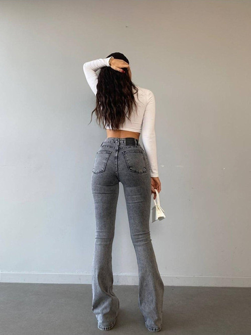 Ispanyol Yüksek Bel Solmaz Mavi Kar Yıkama Kot Pantolon Toparlayıcı Jean
