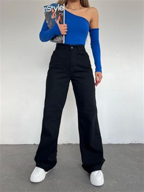 Wide Leg Palazzo Siyah Solmaz Yüksek Bel Esnek Zeus Jean