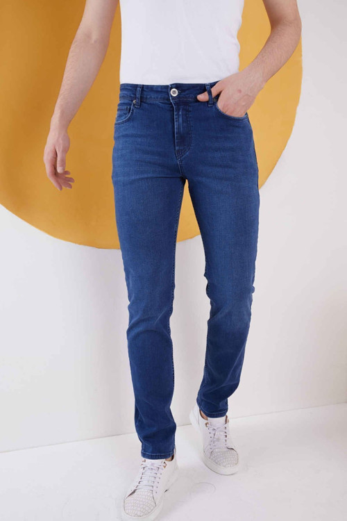 Erkek Mavi Düz Regular Fit Likralı Düz Paça Kot Pantolon