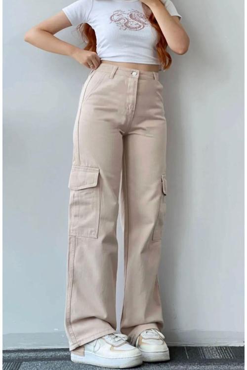 Bej Wide Leg Kargo Cep Palazzo Kot Pantolon Jean Yüksek Bel