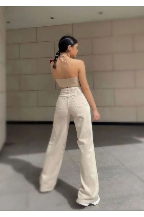 Palazzo Bej %100 Pamuk Yüksek Bel Salaş Wide Leg Jeans