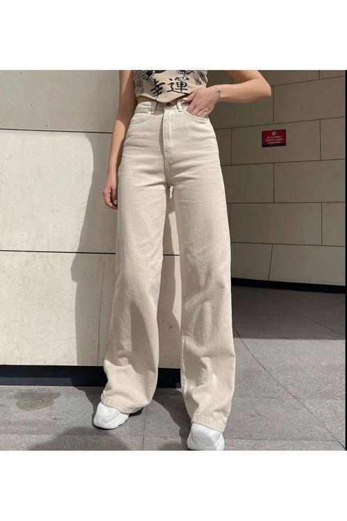 Palazzo Bej %100 Pamuk Yüksek Bel Salaş Wide Leg Jeans