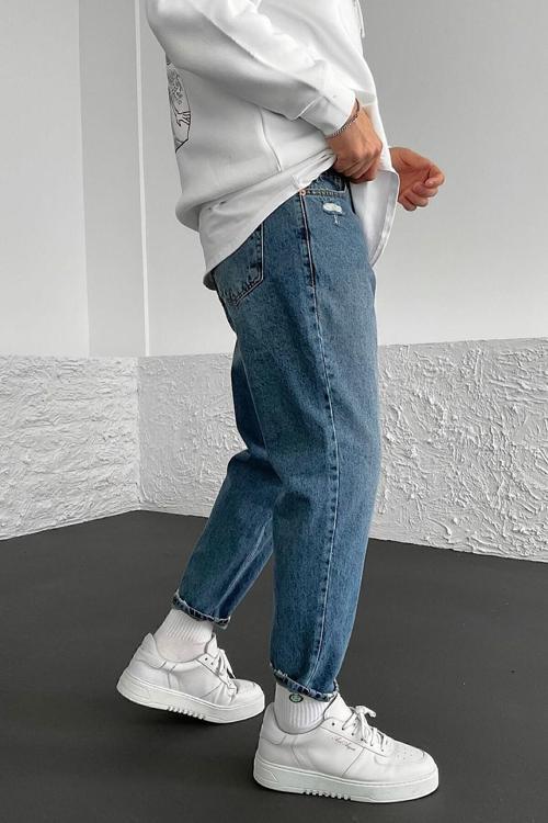 No61 Man Boyfriend Mavi Renk Taşlamalı Hafif Cep Yırtık Detaylı Kot Pantolon