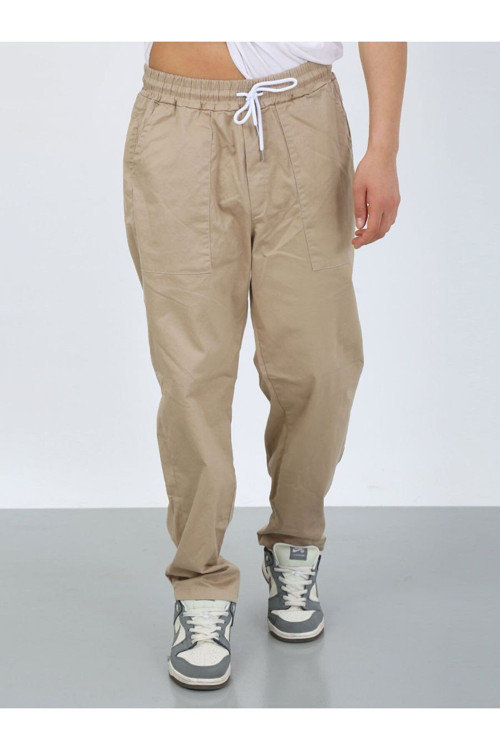 Krem Oversize Premium Sewing Cepli Yürüyüş Pantolonu-M - Krem