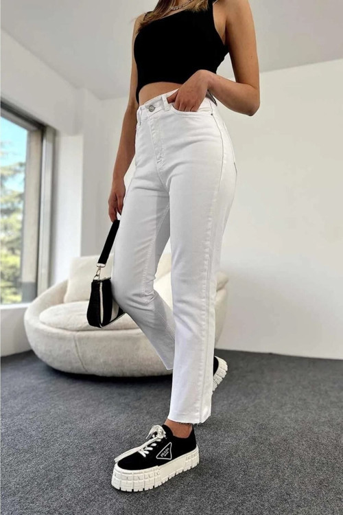 Yüksek Bel Paçası Kesik Boyfit Jean Bej