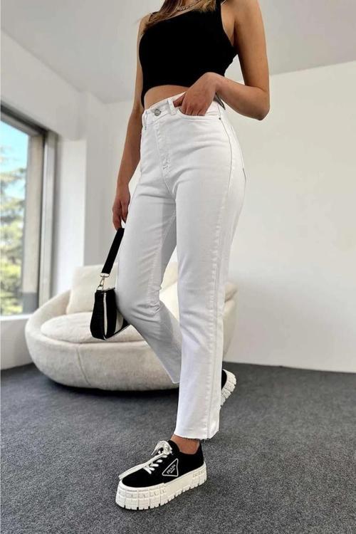 Yüksek Bel Paçası Kesik Boyfit Jean Bej