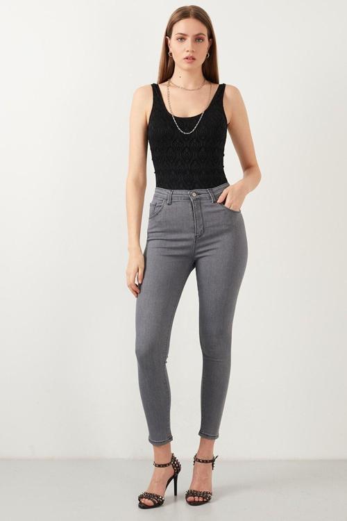 Vega Yüksek Bel Likralı Gri Dar Paça Jeans Esnek Kot Pantolon