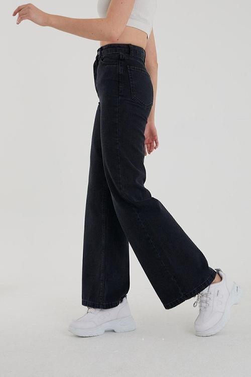 Siyah  Yüksek Bel Salaş Pantolon, Geniş Paça Pantolon, Bol Paça Pantalon Yıkamalı Palazzo