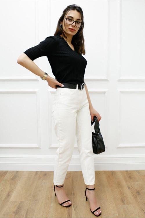 Curcunashop Kadın Beyaz Mom Jean Pantolon