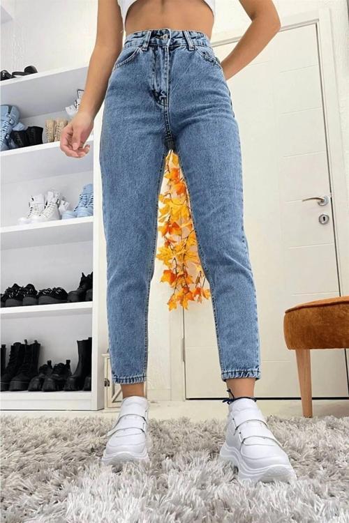 Indigo Kar Mavi Mom Jean Yüksek Bel Detay Boyfriend Kot Mavi