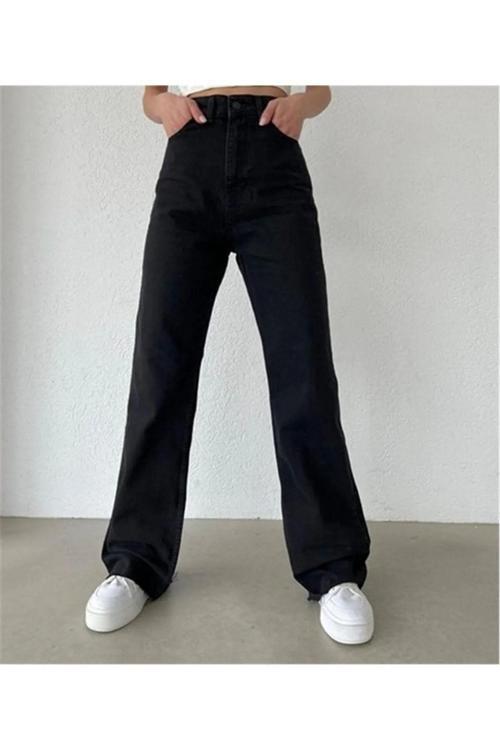 Kadın Siyah Yüksek Bel Paçası Kesik Palazzo Jean Kot Pantolon