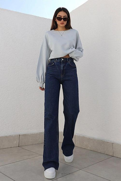 Curcunashop Marten Kadın Yüksel Bel Likralı Bol Paça Kot Pantolon,Özel Tasarım Palazzo Model