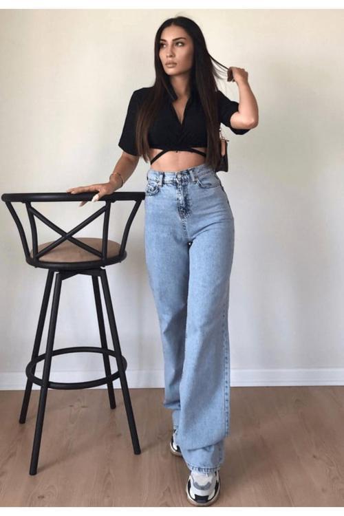 Açık Mavi Kar Yıkama Likralı Palazzo Salaş Paça Süper Yüksek Bel Jean Pantolon