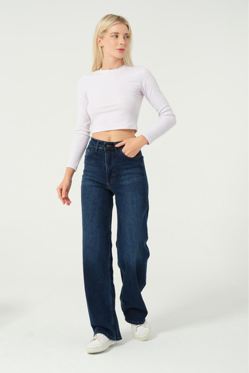 Franko 90'S Koyu Mavi Palazzo Jean Kadın Wide Leg Solmaz Toparlayıcı Kot Pantolon