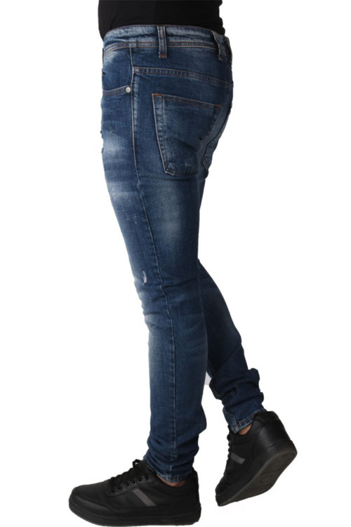 Erkek Mavi Denim Lzr Işlemli Pantolon