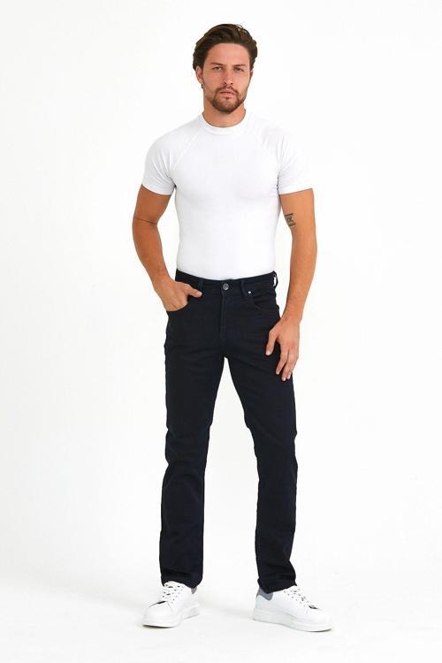 Normal Kesim Fermuarlı Geniş Paça Yüksek Bel Lacivert Baba Örme Kumaş Kot Pantolon