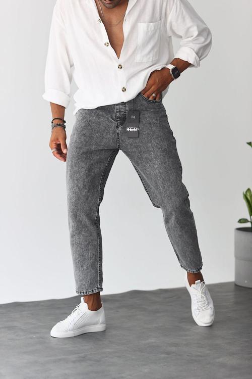 Boyfriend Gri Renk Asit Yıkamlı Eskitme Kot Pantolon