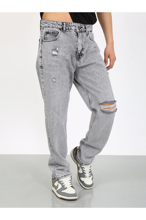 Baggy Gri Diz Yırtık Jean-Gri - 33