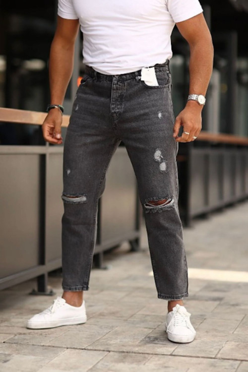 No61 Man Boyfriend Krem Renk Yırtık Detaylı Kot Pantolon