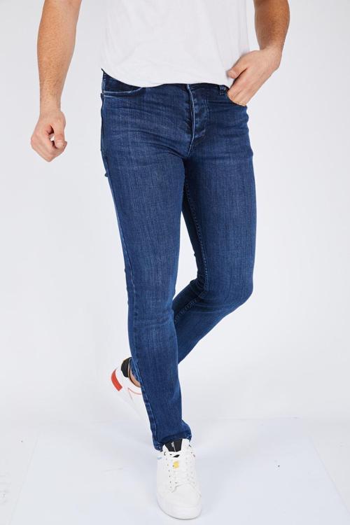 Erkek Mavi Düz Slim Fit Likralı Dar Paça Kot Pantolon
