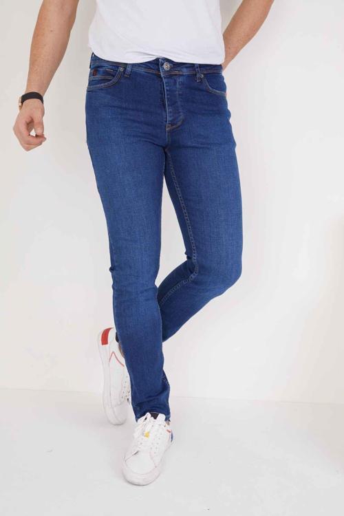 Erkek Koyu Mavi Düz Slim Fit Likralı Düz Paça Kot Pantolon
