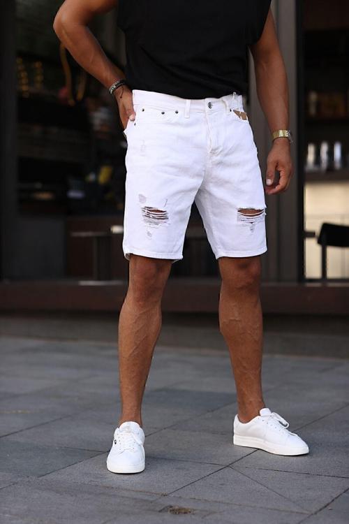 No61 Boyfriend Rahat Kalıp Beyaz Yırtık Model Kot Kapri Şort