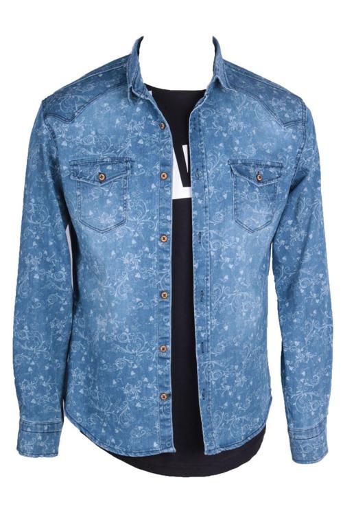 Erkek Mavi Denim Gömlek Baskılı Trent