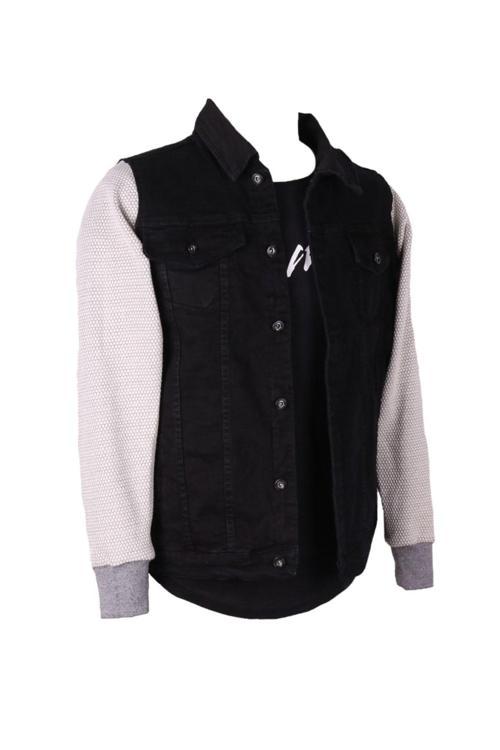 Erkek Denim Mont Garni Kol Siyah Kot Ceket