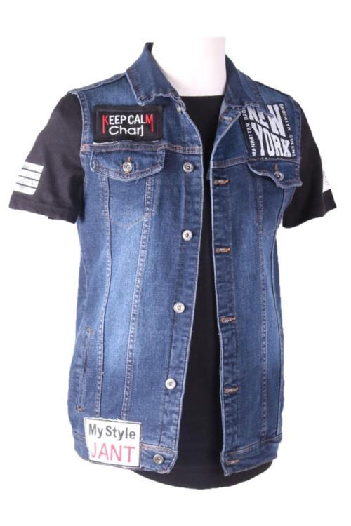 Erkek Yelek Denim Arma Işlemli Mavi