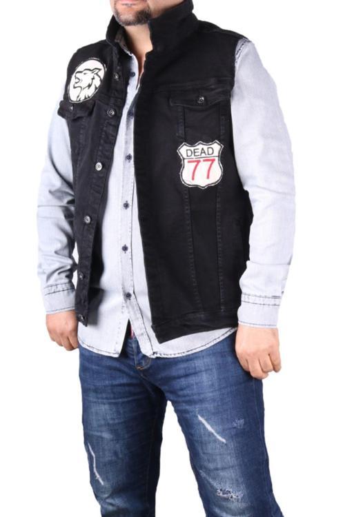 Erkek Siyah Denim Yelek Arma İşlemli  Yelek