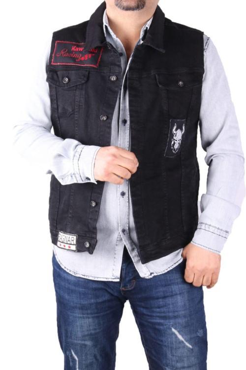 Erkek Siyah Arma İşlemeli Denim Yelek 83494