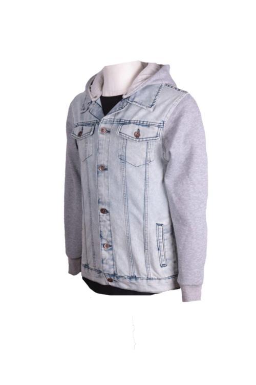 Erkek Denim Kapüşonlu Mont Trend Buz Mavi Kot Ceket