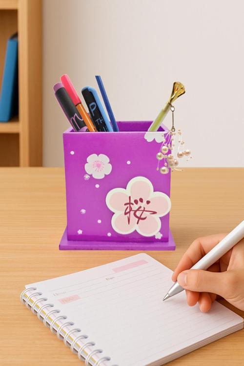 Ahşap Masaüstü Kalemlik Çiçek Desenli Mor - 1 Adet