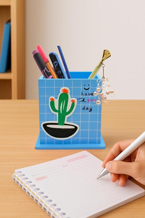 Ahşap Masaüstü Kalemlik Kaktüs Desenli Mavi - 1 Adet