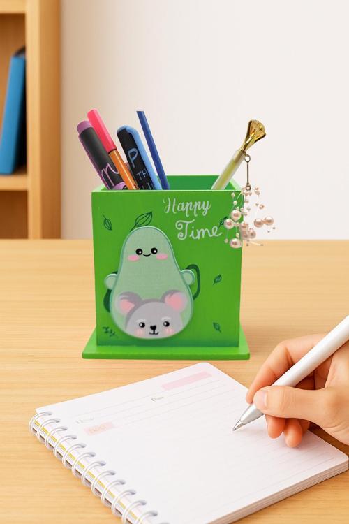 Ahşap Masaüstü Kalemlik Sevimli Avakado Koala Desenli Yeşil - 1 Adet