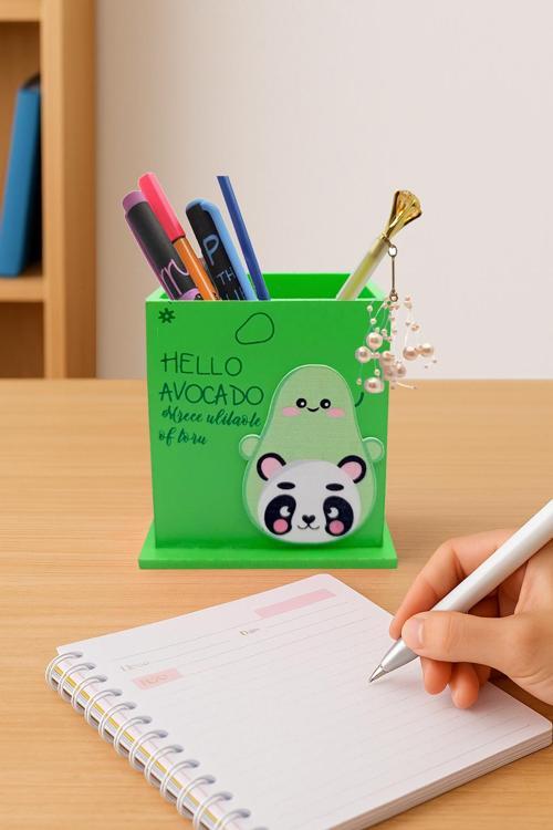 Ahşap Masaüstü Kalemlik Sevimli Avakado Panda Desenli Yeşil - 1 Adet