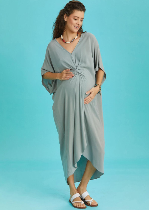 V Yaka Önü Düğümlü Yeşil Yarasa Kol Hamile Elbise