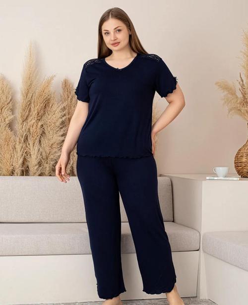 Büyük Beden Battal Bambu Dantel Detaylı Kısa Kol Kadın Pijama Takımı