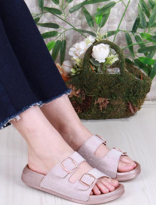 01108 Pienn Anatomik Esnek Rahat Simli Baskılı İki Tokalı Kadın Terlik