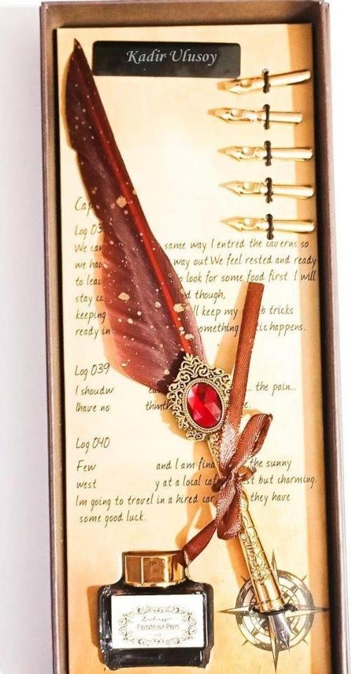 Kişiye Özel Retro Tüylü Divit Kalem Seti - Özel Kutulu Yazı Kalemi ve Mürekkep Seti