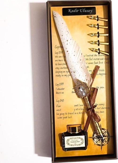 Kişiye Özel Retro Tüylü Divit Kalem Seti - Özel Kutulu Yazı Kalemi ve Mürekkep Seti