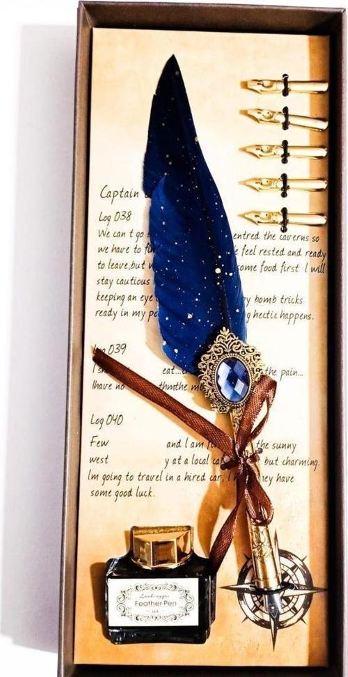 Kişiye Özel Retro Tüylü Divit Kalem Seti - Özel Kutulu Yazı Kalemi ve Mürekkep Seti