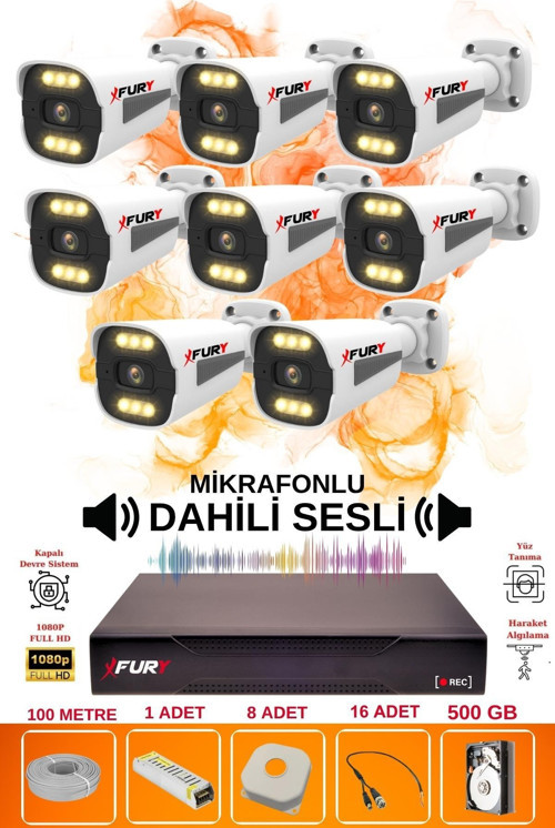 8 li Sesli 6 Warm Led Gece Renkli Görüş Su Geçirmez Güvenlik Kamerası Seti 500GB