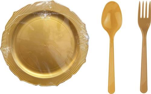Nişan Kına Piknik Altın Sorfa Seti - Sert Mika Plastik - 24 Kişilik Tabak Çatal Kaşık Takımı