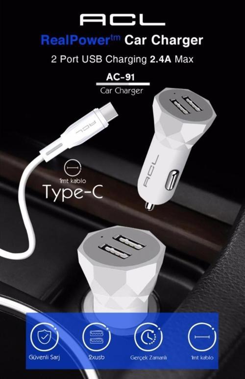 Ac-91 Realpower™ 2.4A Usbx2 Araç İçi Şarj Aleti Type-C Usb Kablolu
