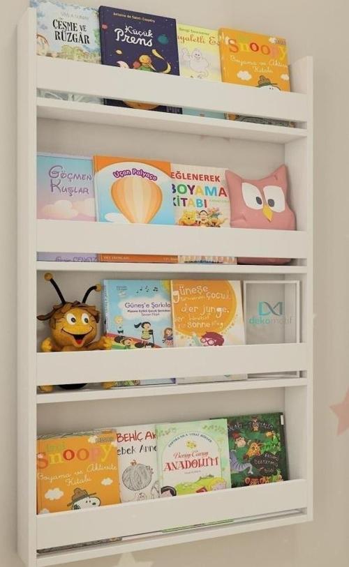 Montessori Çocuk Kitaplığı 4 Raflı Duvar Tipi Beyaz Kitaplık - Eğitici Tasarım