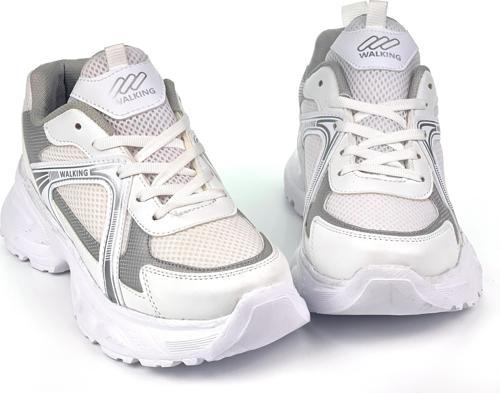 Kadın Beyaz Gümüş Hafif Fileli Günlük Rahat Sneaker Spor Ayakkabı