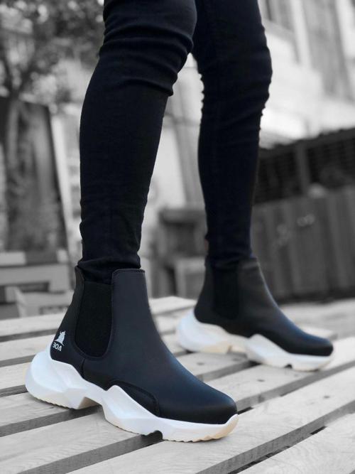 Ba0444 Bağcıksız Rahat Yüksek Taban Siyah Beyaz Taban Erkek Spor Yarım Bilek Bot 42