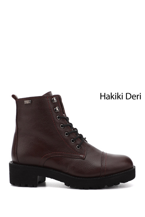 Kadın Bordo Floter Fermuarlı Kauçuk Taban Hakiki Deri Postal Bot