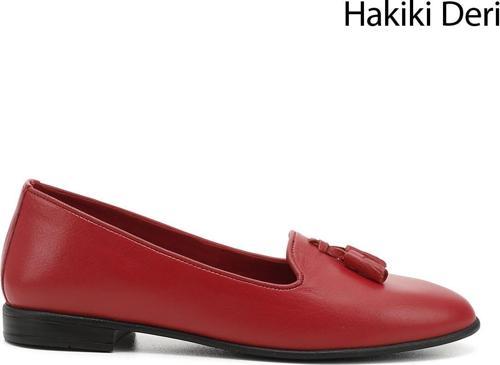 Kadın Kırmızı Antik Hakiki Deri Püsküllü Babet